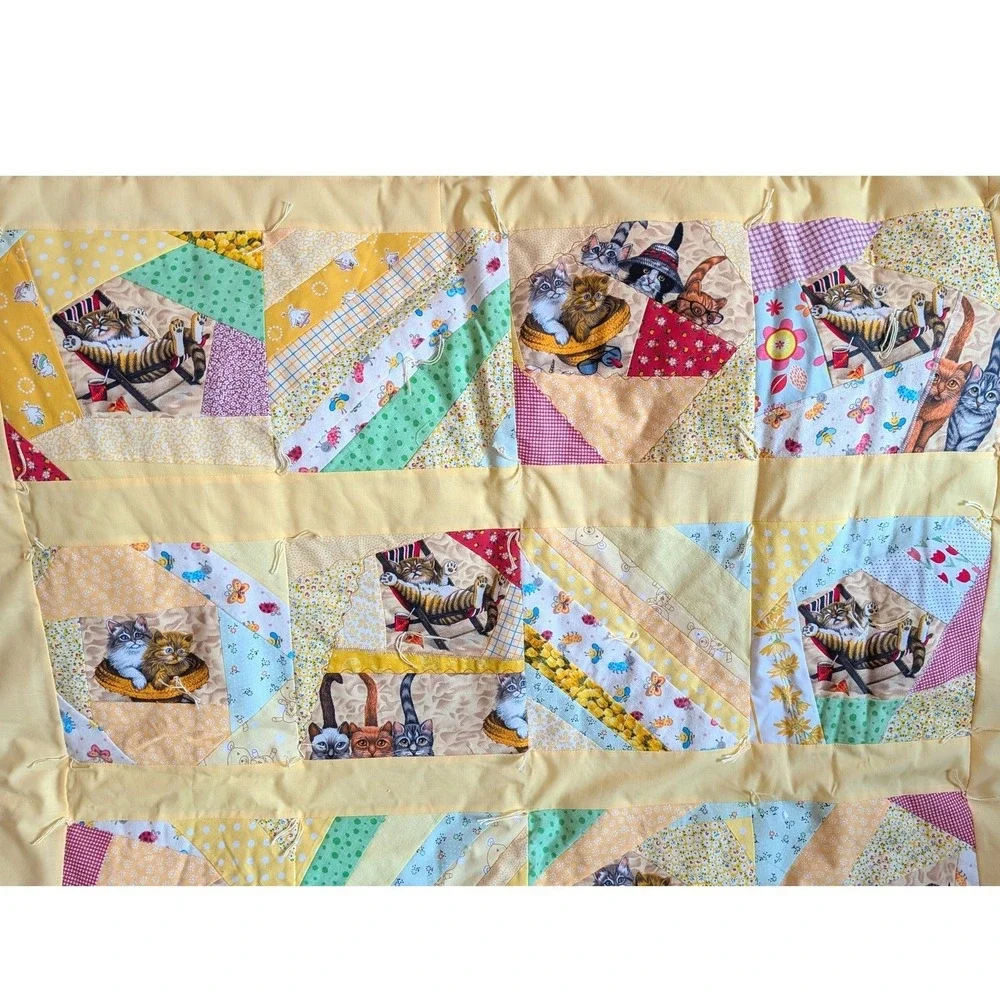 Handmade Kitten Quilted Baby Blanket Yellow Patchwork Cat Crib Quilt 37x40
